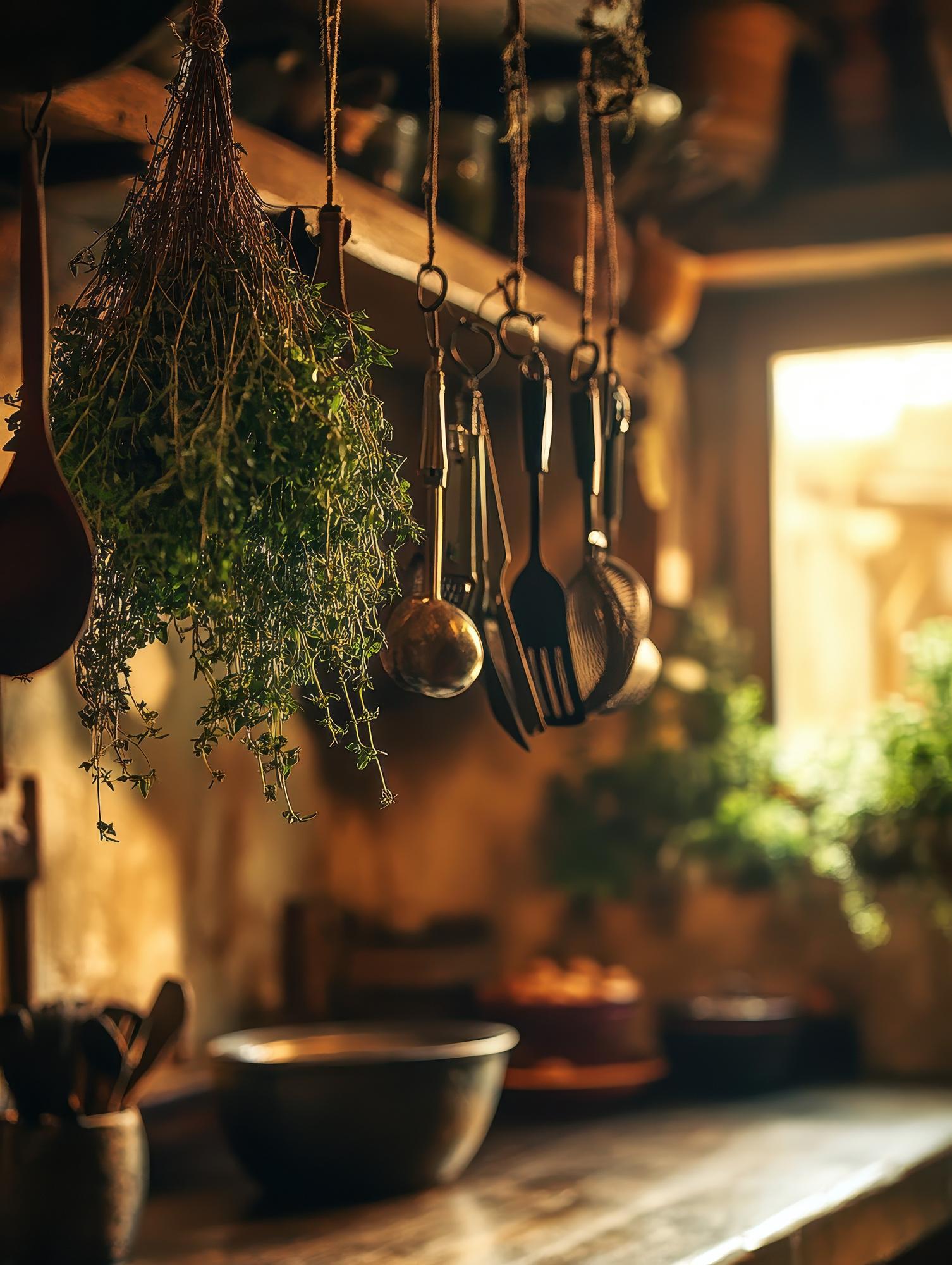 Interior of a small culinary studio with herbs
