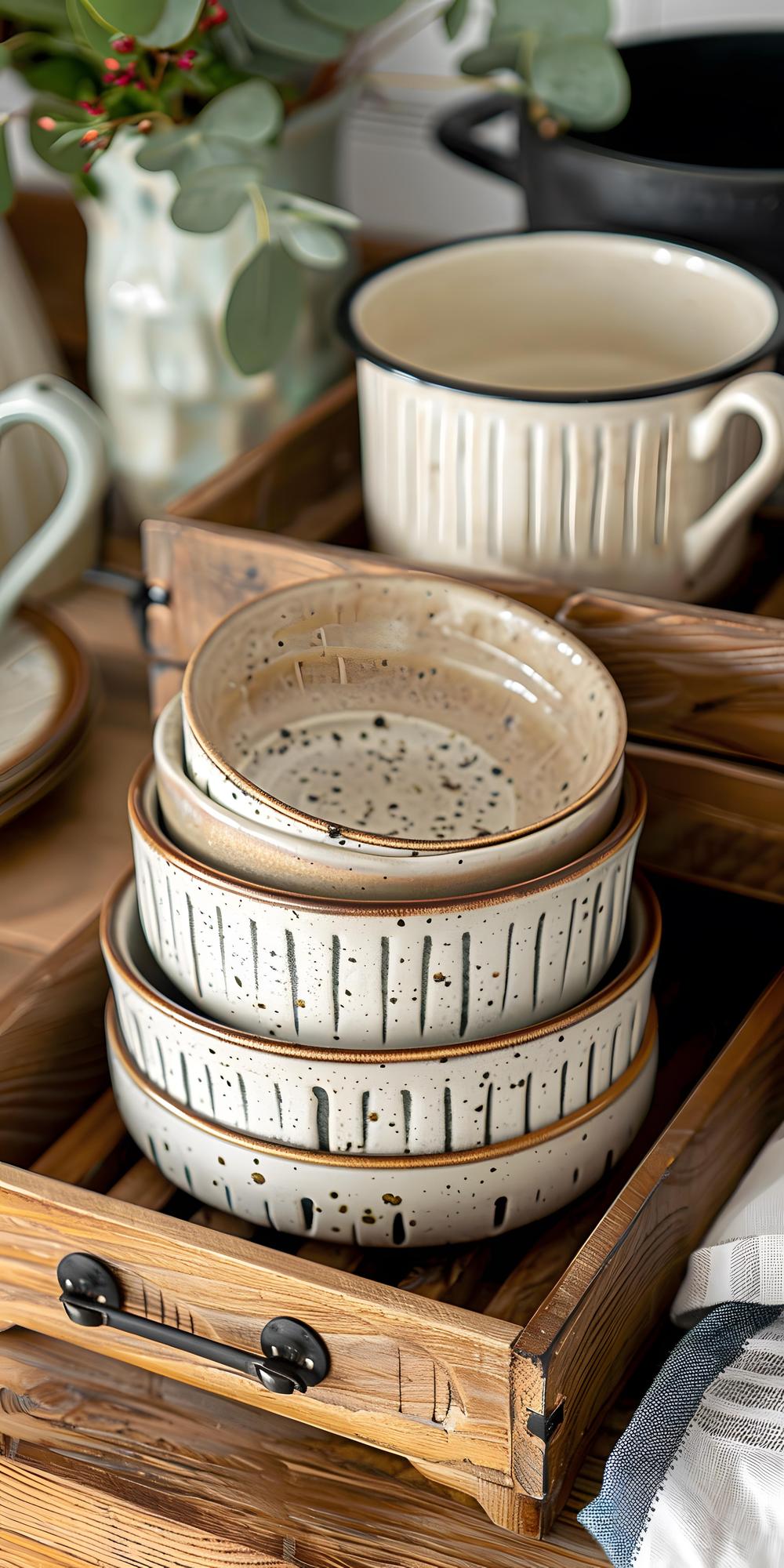 Stacked ceramic plates with garnish