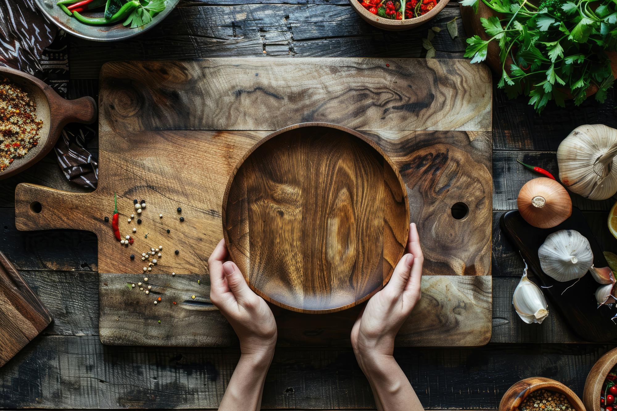Chef plating a rustic dish on wooden board